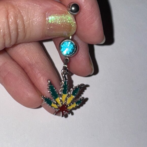 Aqua Blue Gem Dark Rasta Pot Leaf Dangle Belly Ring - Picture 6 of 8